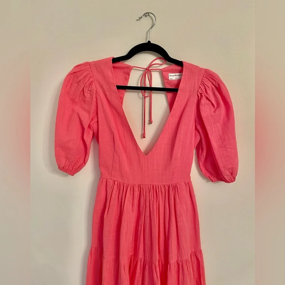 Seven Wonders V Neck Puff Sleeve Linen Maxi Dress in Pink Size S - Picture 4 of 11